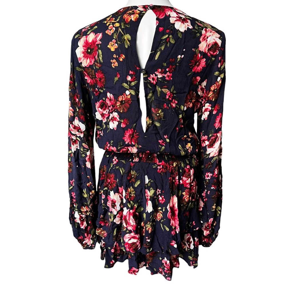 NWT, BluIvy Navy Floral Tiered Ruffle Hem Cinch Waist Dress, sz S - Picture 4 of 12